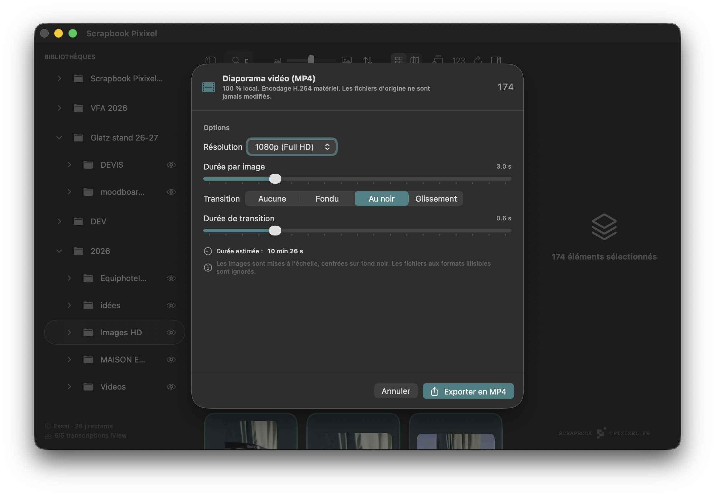 Export diaporama vidéo MP4 — résolution, durée par image, transitions (H.264 matériel)
